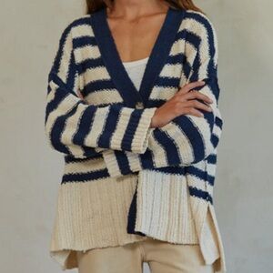 By Together Candy Cloud Navy and Cream Striped Women's Sweater Cardigan NWT